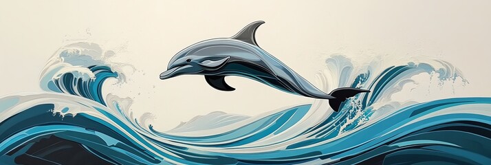 Dolphin leaps from stylized blue waves ocean.