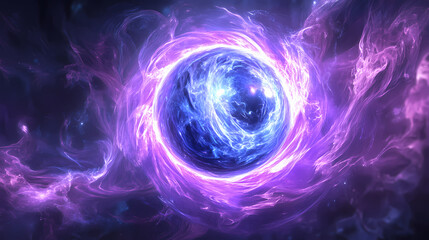 Twisting purple and blue aura surrounds a glowing orb, ethereal, purple, blue. Otherworldly Aura. Illustration