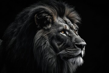 Lion Portrait with Dark Mane Majestic Feline in Profile on Black