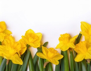 Vibrant yellow daffodils blooming against white background