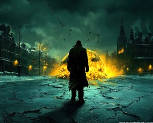 Fototapeta premium Man standing before a fiery explosion in a dark city