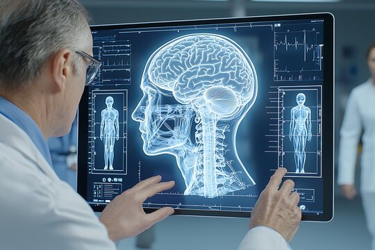 Doctor analyzes 3D brain scan.