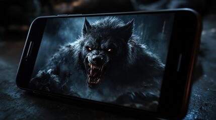 Smartphone displaying werewolf graphic, dark background