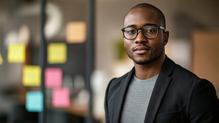 Fototapeta premium Confident African American Businessman in Modern Office Setting with Glasses
