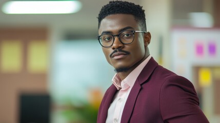 Obraz premium Confident Young Black Professional Man in Modern Office Setting