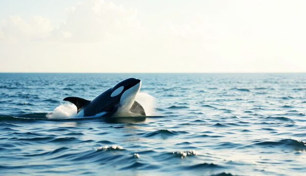 Orcinus orca jumping in a sea