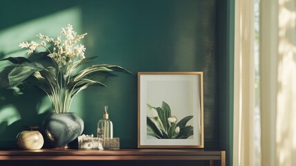 A serene interior scene featuring a vase of flowers, framed artwork, and decorative items on a wooden table by a sunlit window