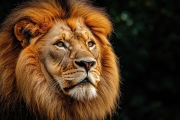 Fototapeta premium Majestic Lion Portrait Looking Left with Golden Mane Against Dark Background