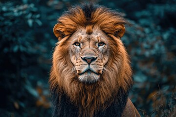 Majestic Lion Portrait with Intense Gaze in a Natural Habitat Setting