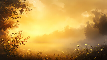 Naklejka premium A warm glow of soft golden light illuminates the evening sky, casting a serene ambiance over the misty. Serene Luminescence. Illustration