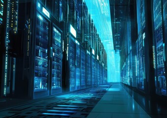 Futuristic server room with advanced technology.  High-tech server racks lined up, illuminated with vibrant blue light.  Displays show data flowing through digital channels.  