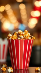Sweet caramel chocolate popcorn in paper striped white red cup vertical