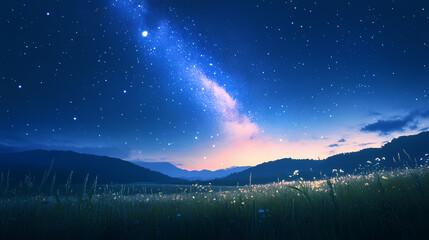 Fototapeta premium The stars shine brightly above a meadow illuminated by the soft luminescence of the milky way, landscape, serene. Serene Luminescence. Illustration