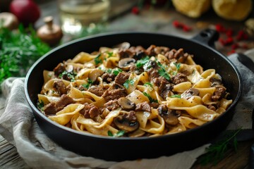Beef Stroganoff pasta in a skillet
