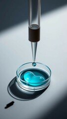 Pipette with sample of gels cosmetic product in petri dish on grey background hard shadows selective