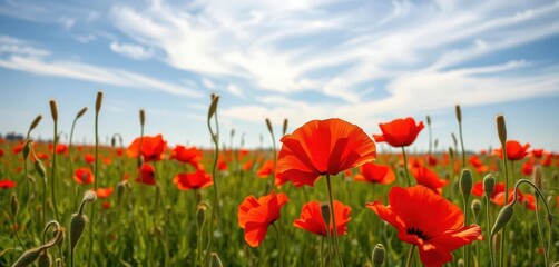 Naklejka premium Crimson poppy field, gently swaying in summer breeze, bright, detail