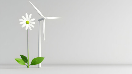 Sustainable energy concept  Simple, clean design with a flower and a wind turbine