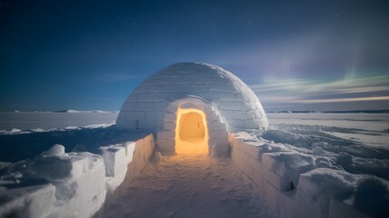Arctic Igloo At Night, A Warm Light Beckons. Snowy Landscape Under Starry Skies, A Peaceful Scene. Remote Dwelling In The Cold. Northern Lights Dance.