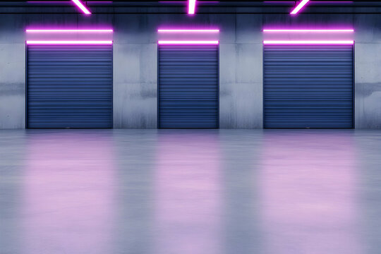 Three closed dark doors, concrete wall, lit by pink neon in a warehouse setting