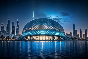 Naklejka premium museum of the future in a beautiful blue night with city horizon lights