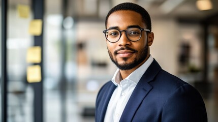 Fototapeta premium Confident Young African American Businessman in Modern Office Setting