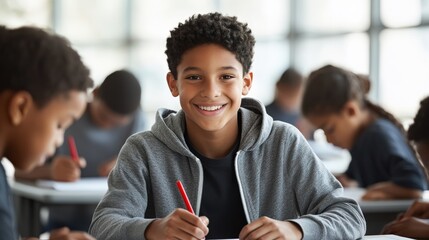 Happy African American Boy Studying in Classroom with Classmates