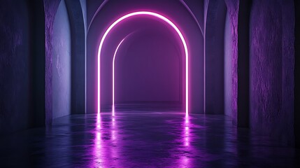 A futuristic corridor with glowing arches and reflective surfaces