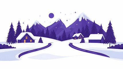 Snowy mountain village scene with two roads diverging