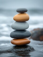 Stack of smooth, rounded stones in gray and brown on a sea background