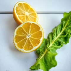 Juicy lemon half & crisp lettuce leaf on white wood, table, healthy