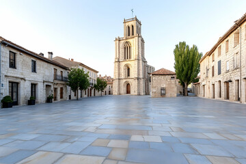Obraz premium Tranquil square with a stone church tower in a quaint European town during the daytime