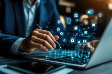 Man Using Laptop with Digital Interface for Online Business and Security