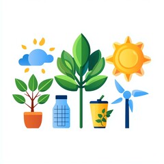 Colorful illustrations representing nature, sustainability, and renewable energy.