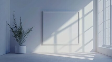 Minimalist interior with a blank frame, soft sunlight casting shadows, and a potted plant in a serene setting