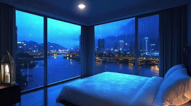A modern bedroom with floor-to-ceiling windows overlooking a rainy cityscape at night. The soft glow of city lights reflects on the water, Seamless looping 4k time-lapse virtual video animation 