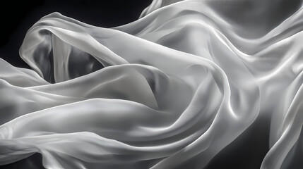 Fototapeta premium Ethereal silk fabric dancing in zero gravity pure white gossamer cloth with elegant folds and ripples dramatic studio lighting on dark background. Gossamer Shadows. Illustration