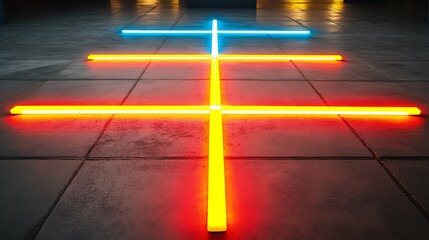 Glowing neon lights forming a colorful geometric cross on a floor