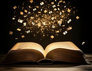 Open Book with Flying Letters and Shimmering Light Magic Concept