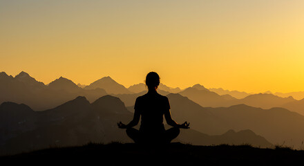 Woman Meditating at Sunrise Mountain Peak Silhouette Zen Serenity