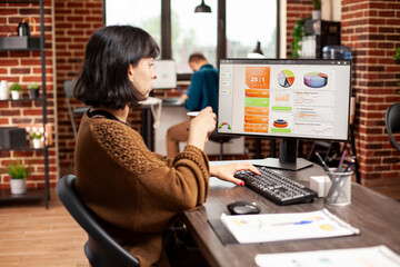 Young woman drinking coffee and analyzing financial charts displayed on computer screen in startup office. Female analyst holds cup with warm beverage, examining company research data on desktop pc.