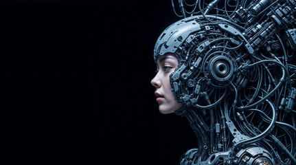 a futuristic humanoid figure with a metallic, mechanical appearance, surrounded by numerous wires and circuits, suggesting advanced technology or a cybernetic design. The figure stan