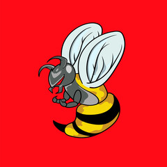 Cartoon wasp or bee logo isolated red background