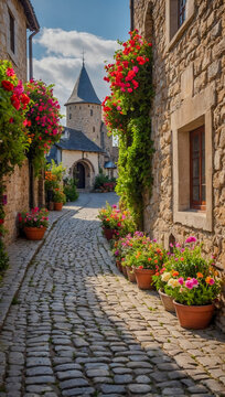Fototapeta Charming cobblestone street lined with vibrant flowers in a historic village with a castle backdrop.