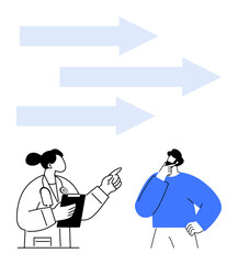 Doctor with clipboard discussing options with thoughtful patient beside three forward arrows. Ideal for healthcare, decision-making, guidance, progress, communication, choices, strategy in flat