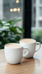 Two steaming cups of coffee on a wooden table by a window