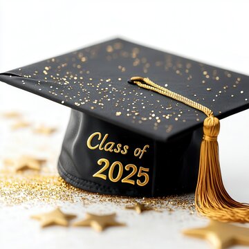 Graduation cap, deep black, rich gold tassel draped over the edge, glowing gold text "Class of 2025" on top, stars and subtle sparkles surrounding 