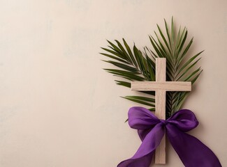 Palm Sunday Cross with Purple Ribbon and Palm Leaves on Beige Background