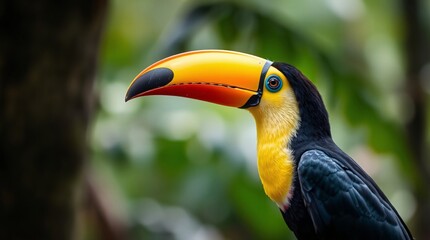 Fototapeta premium Vibrant Toucan in Profile with Detailed Beak Against Blurred Rainforest Background