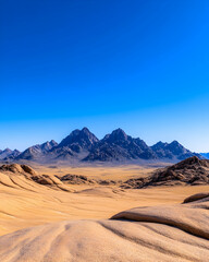 Fototapeta premium Vast desert landscape with mountains under a clear blue sky