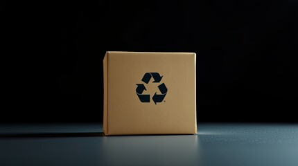 Brown cardboard box displays recycle symbol against a dark background